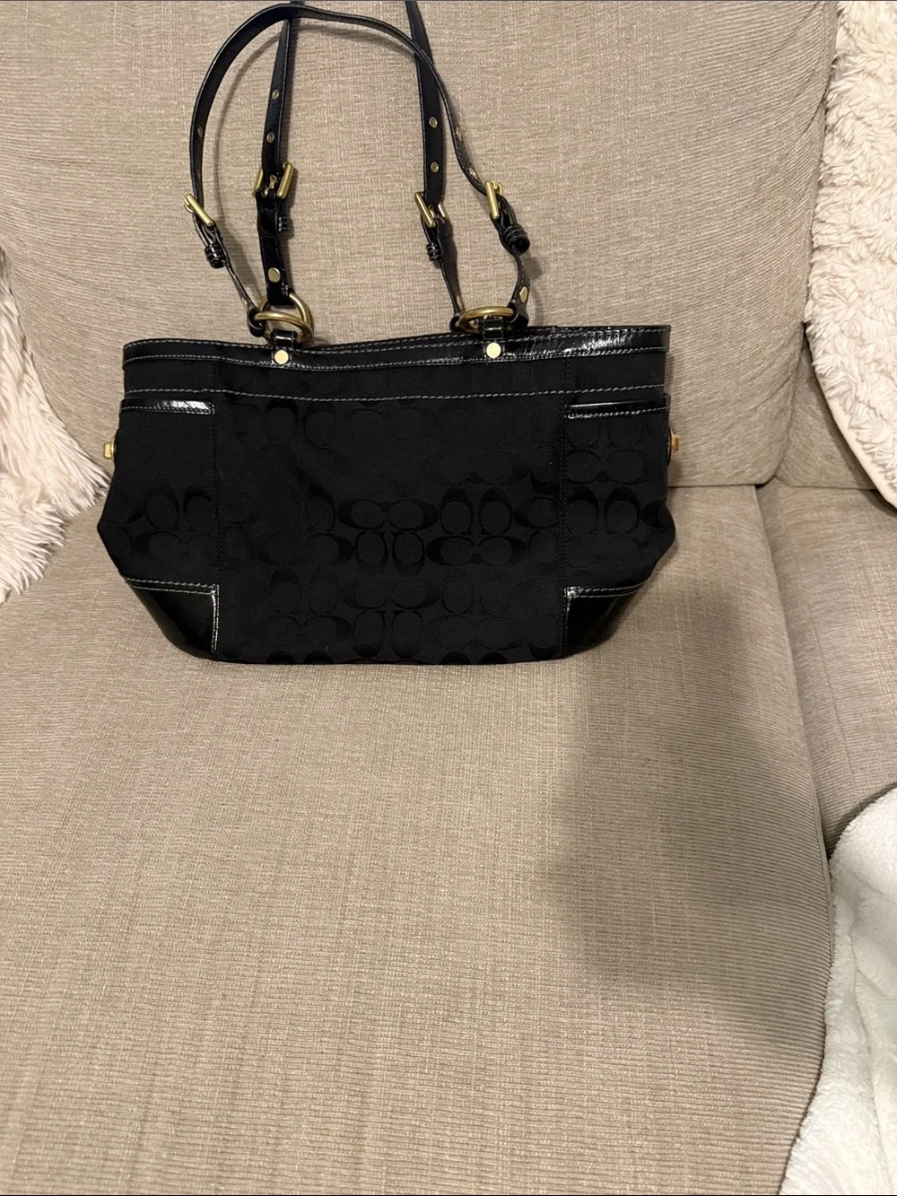 Coach Black Signature Jacquard Satchel with Patent Trim and Gold Hardware